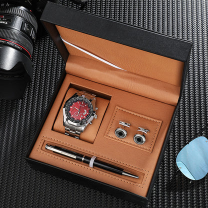 Steel Band Calendar Quartz Watch Stainless Steel Cufflinks Pen