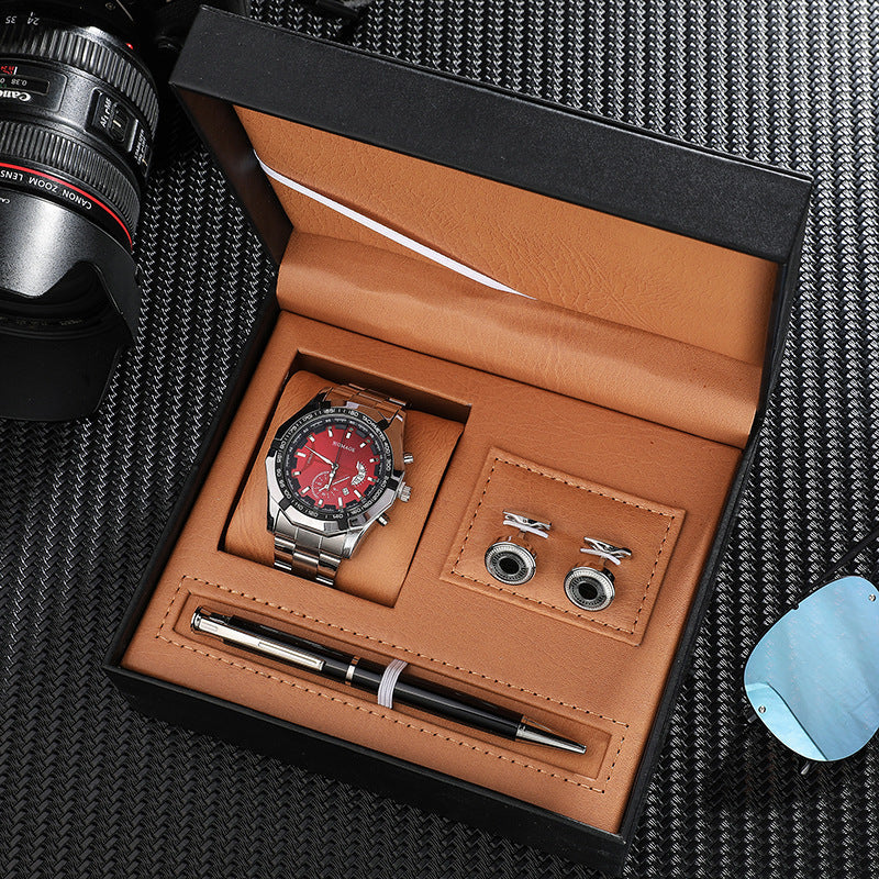 Steel Band Calendar Quartz Watch Stainless Steel Cufflinks Pen