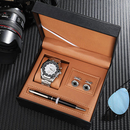 Steel Band Calendar Quartz Watch Stainless Steel Cufflinks Pen